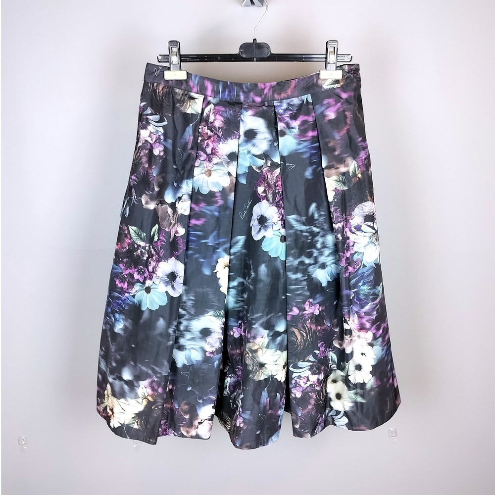 Pink Tartan Satin Pleated Floral Midi Skirt Size 12 Large Black Purple Pockets